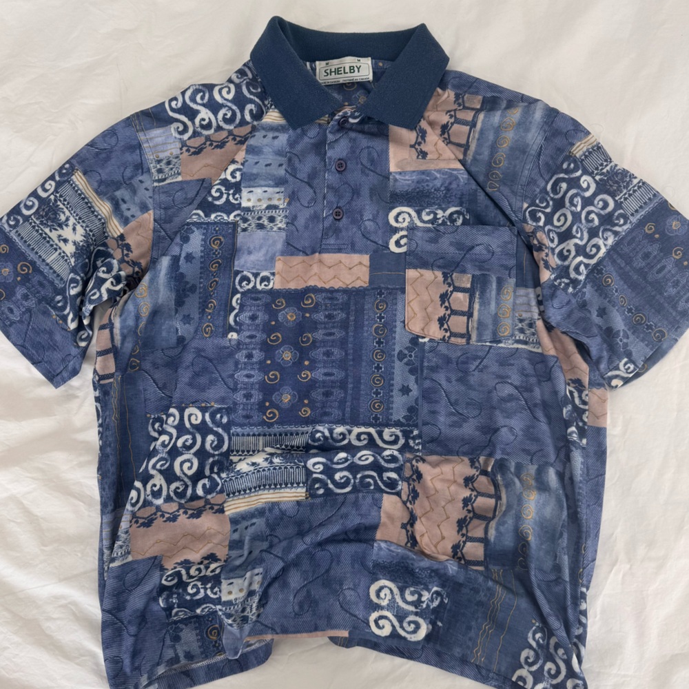 Retro 90s Shelby Men's Blue and Tan Patterned polo Shirt - M
